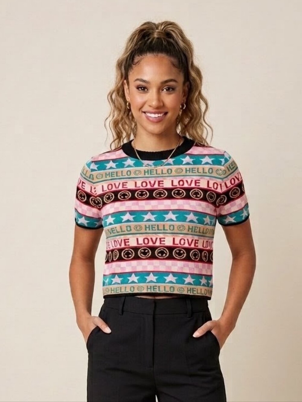 Debut Cropped Knit Top Hello Love Short Sleeve Multicolor Size Large